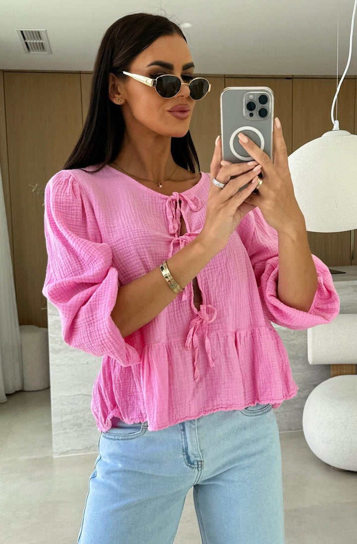 Gracie Cotton Gauze Style Front Tie-Up Top-Pink