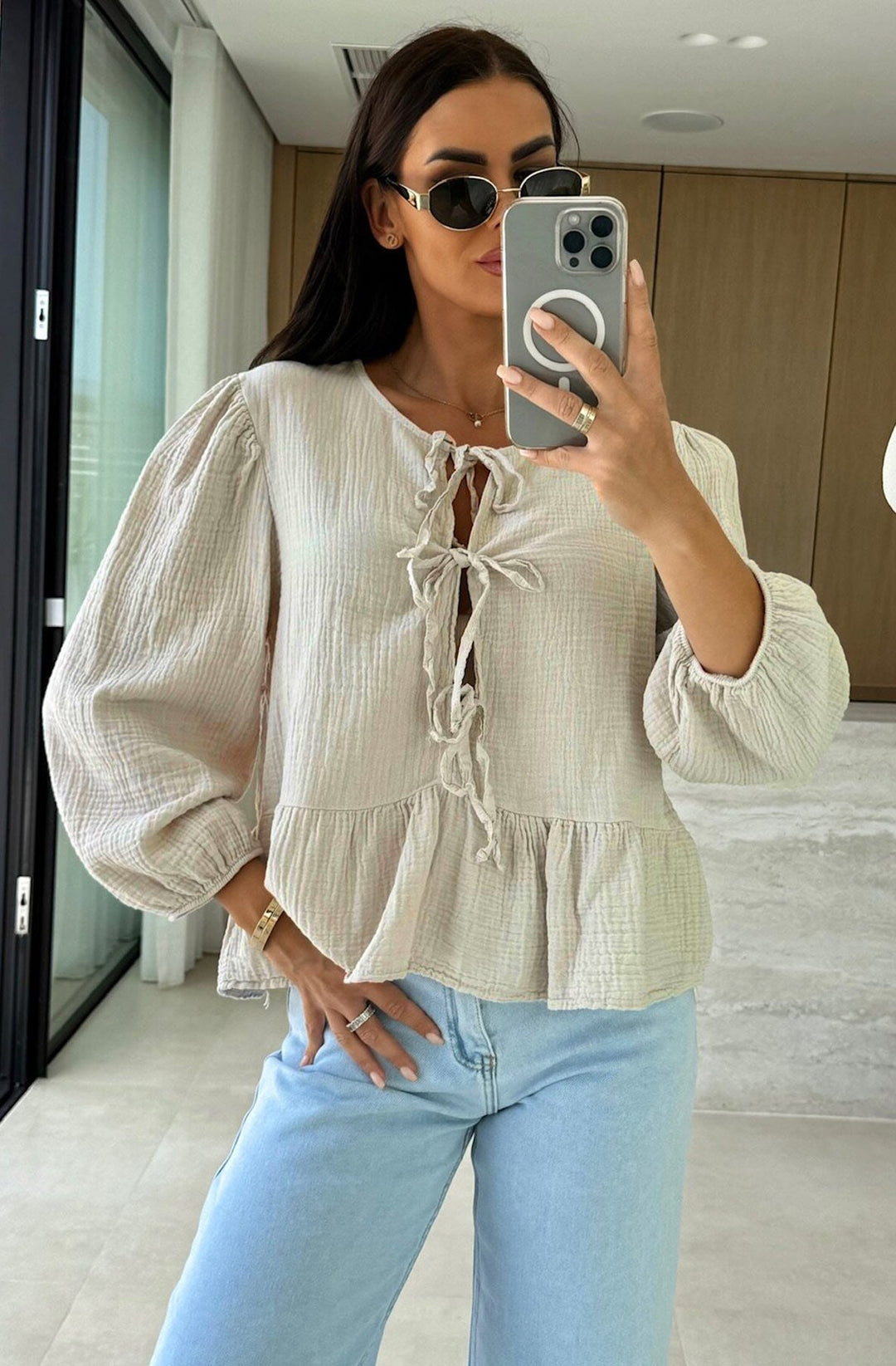 Gracie Cotton Gauze Style Front Tie-Up Top-Stone