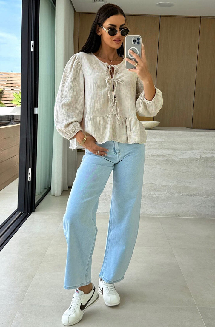 Gracie Cotton Gauze Style Front Tie-Up Top-Stone