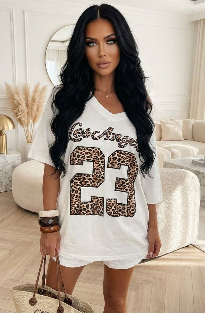 Hazel Leopard 'Los Angeles 23' Oversized Off Shoulder V-Neck T-Shirt Top-Ivory