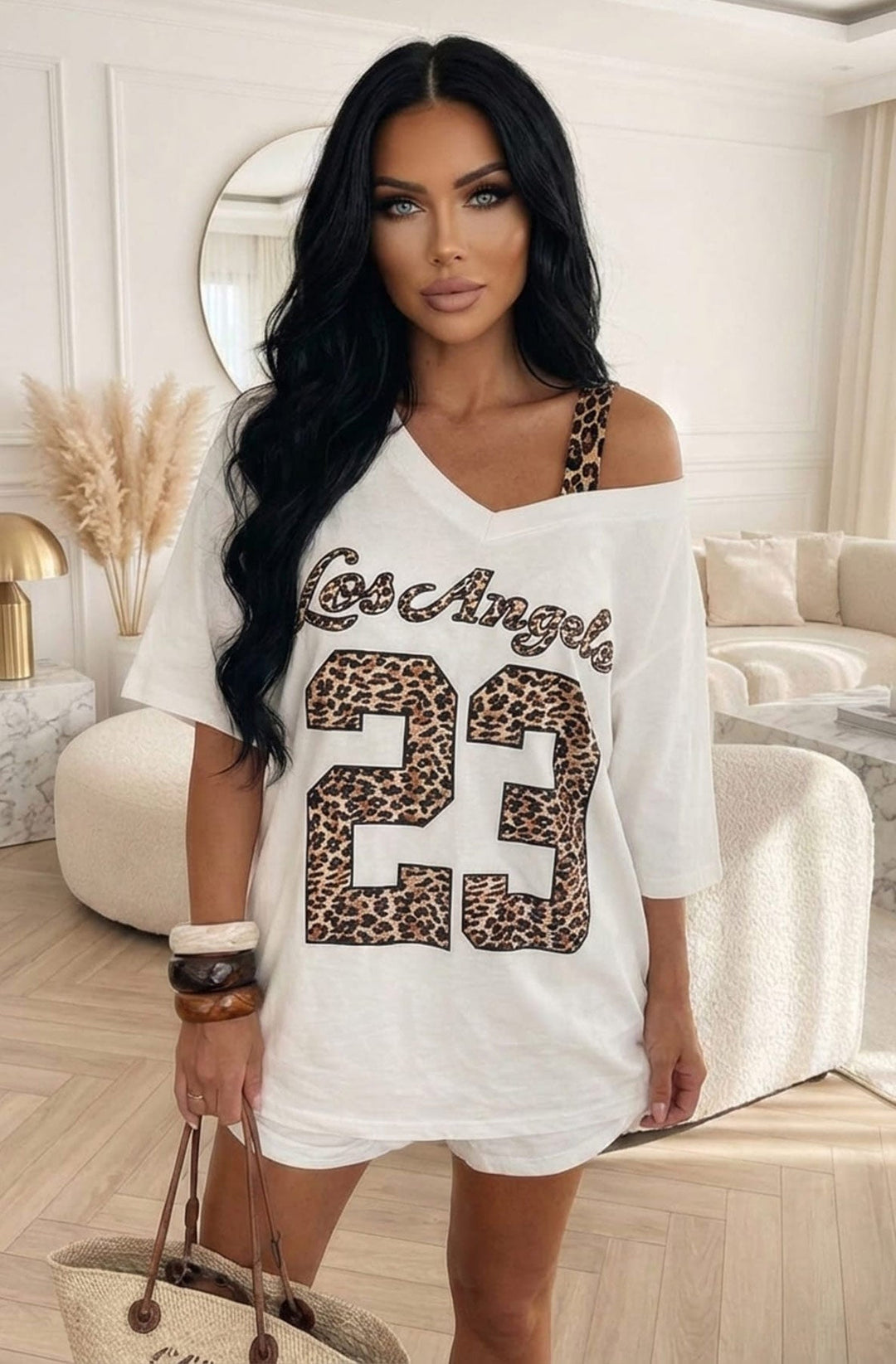 Hazel Leopard 'Los Angeles 23' Oversized Off Shoulder V-Neck T-Shirt Top-Ivory