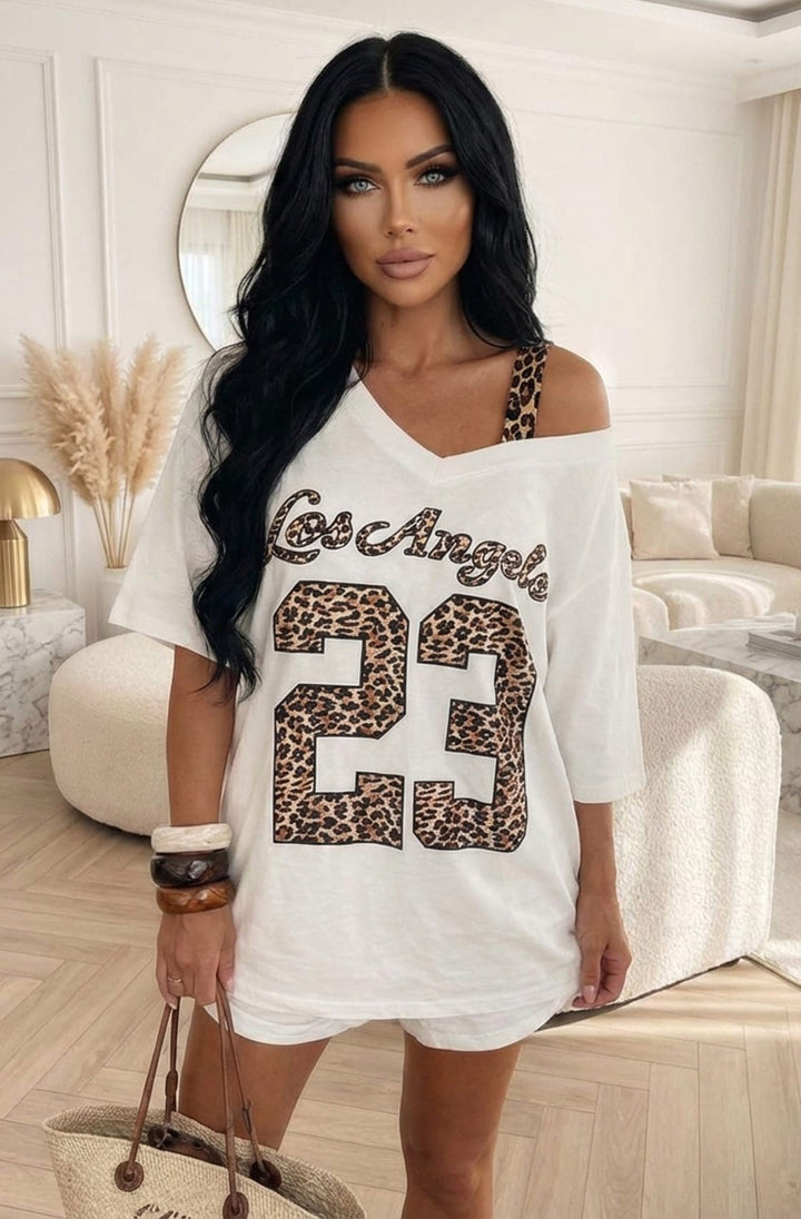 Hazel Leopard 'Los Angeles 23' Oversized Off Shoulder V-Neck T-Shirt Top-Ivory