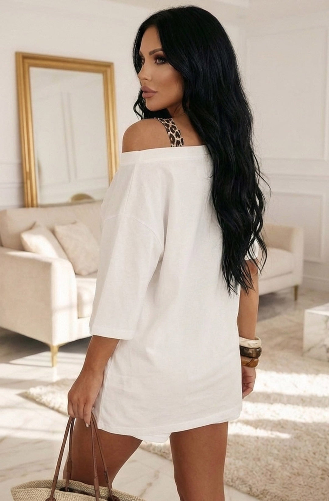 Hazel Leopard 'Los Angeles 23' Oversized Off Shoulder V-Neck T-Shirt Top-Ivory