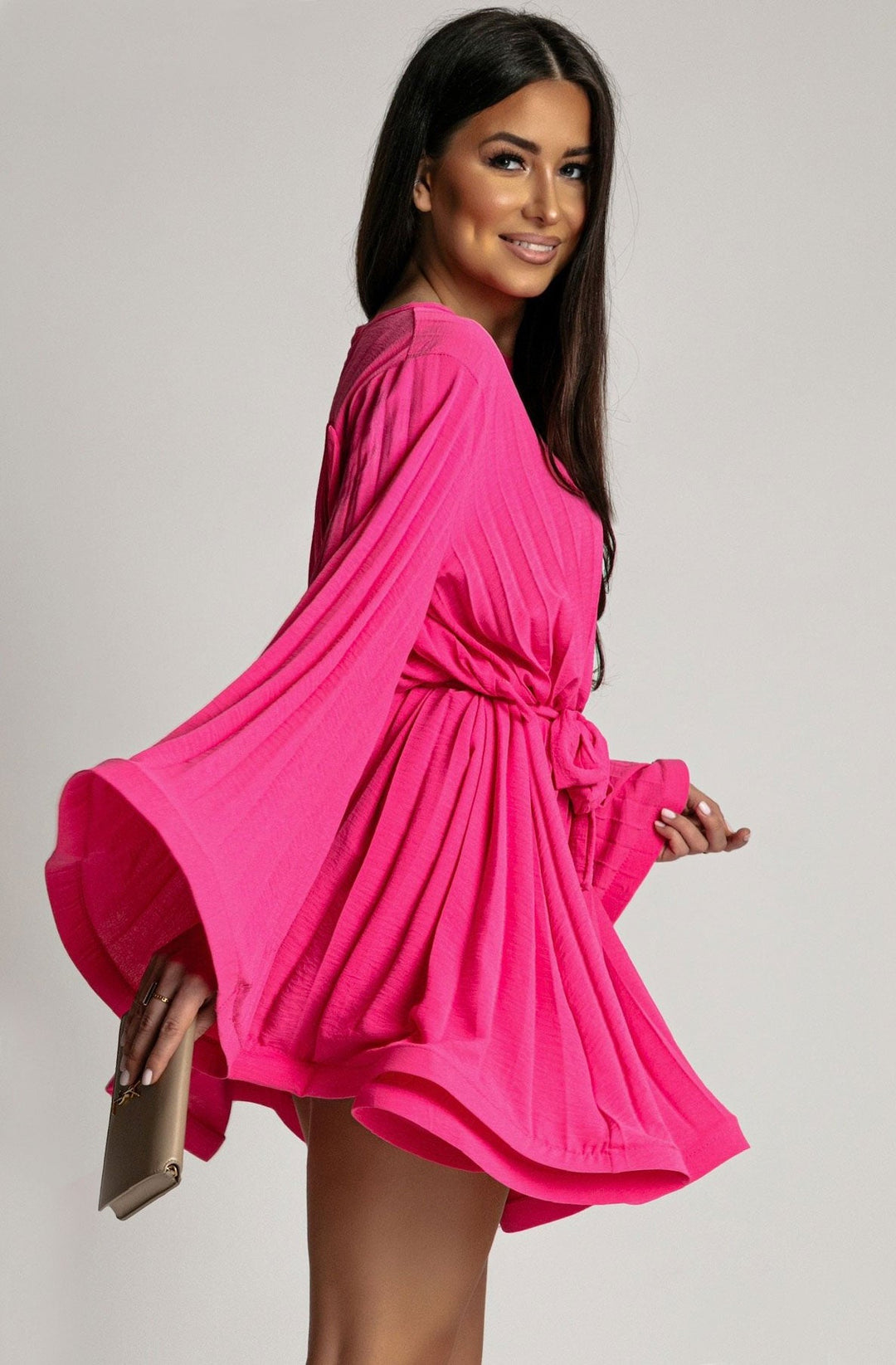 Heather Pleated Flute Sleeves Frill Dress-Hot Pink