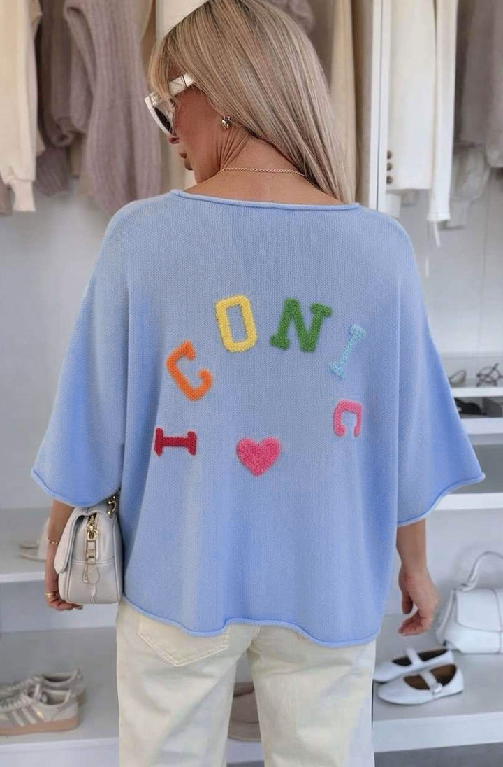 ‘Iconic 💖' Appliqué V-Neck Lightweight Open-Knit Jumper Top-Blue