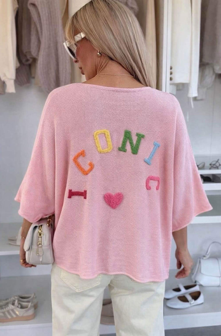 ‘Iconic 💖' Appliqué V-Neck Lightweight Open-Knit Jumper Top-Baby Pink