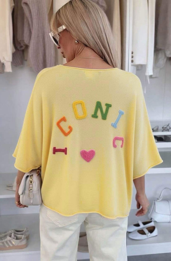 ‘Iconic 💖' Appliqué V-Neck Lightweight Open-Knit Jumper Top-Yellow