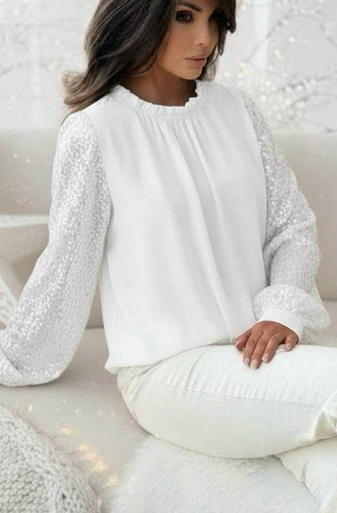 Iva Sequin Sleeves Frill Neckline Chiffon Shirt Blouse Top-Ivory