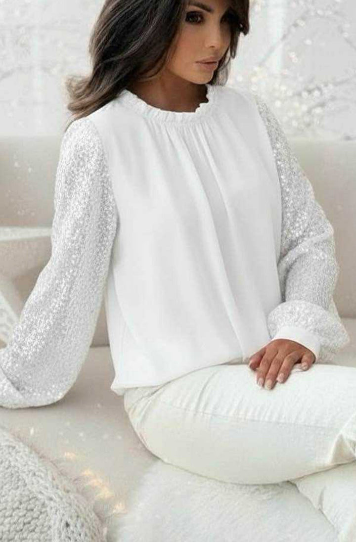 Iva Sequin Sleeves Frill Neckline Chiffon Shirt Blouse Top-Ivory