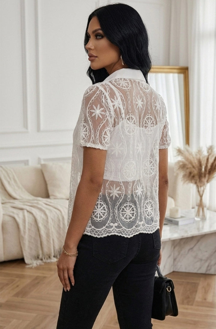 Ivana Sheer Mesh Embroidered Lace Puff Sleeve Blouse Top-Ivory