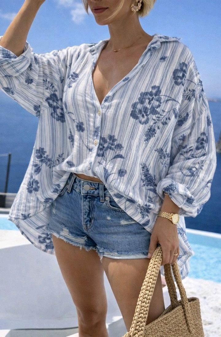 Jackie Floral Stripe Oversized Gauze Style Shirt-Blue