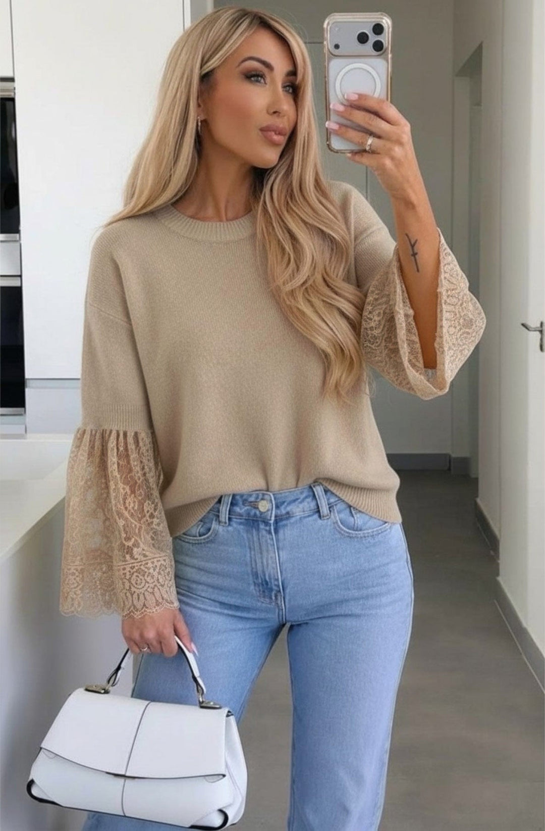 Jane Alpaca Blend  Lace Cuff Round-Neck Light Knitted Jumper Sweater