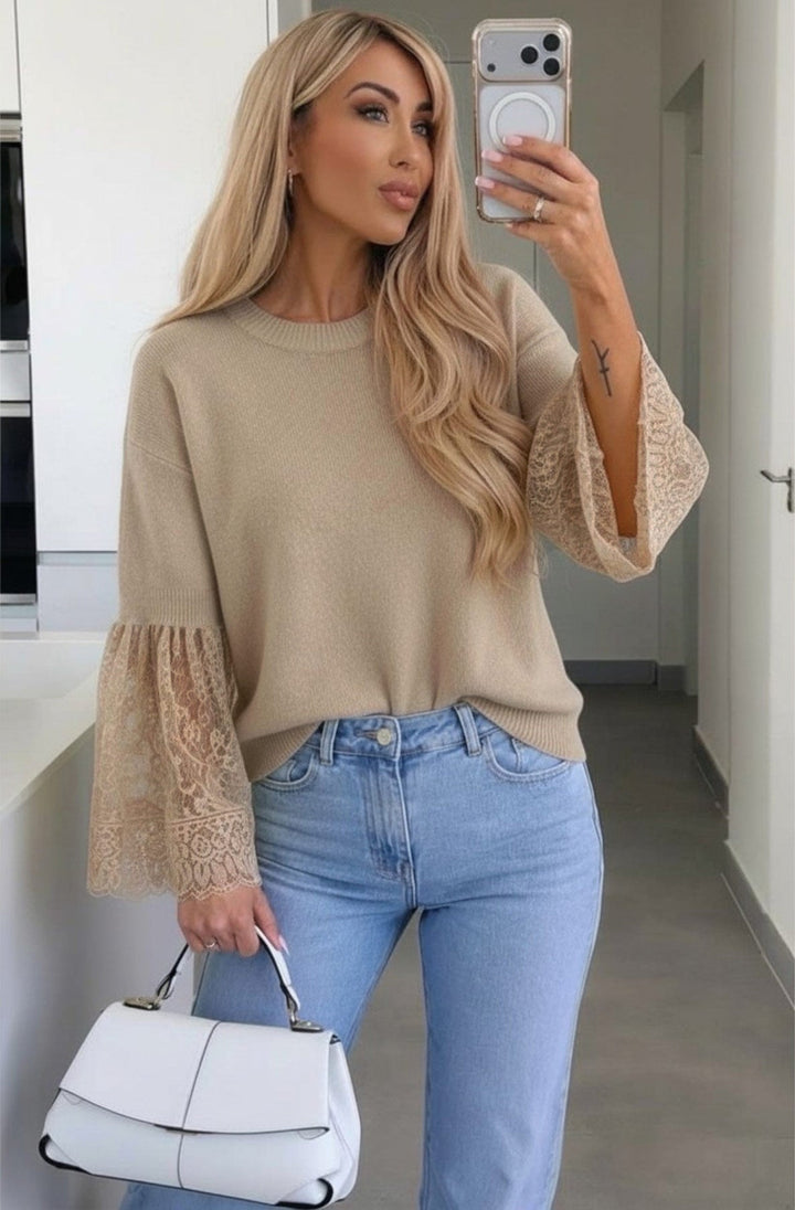 Jane Alpaca Blend  Lace Cuff Round-Neck Light Knitted Jumper Sweater