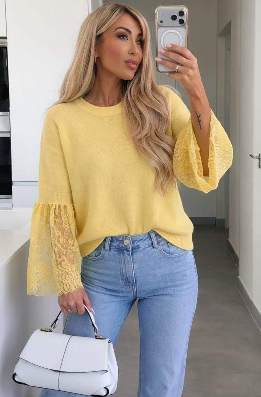 Jane Alpaca Blend  Lace Cuff Round-Neck Light Knitted Jumper Sweater-Yellow