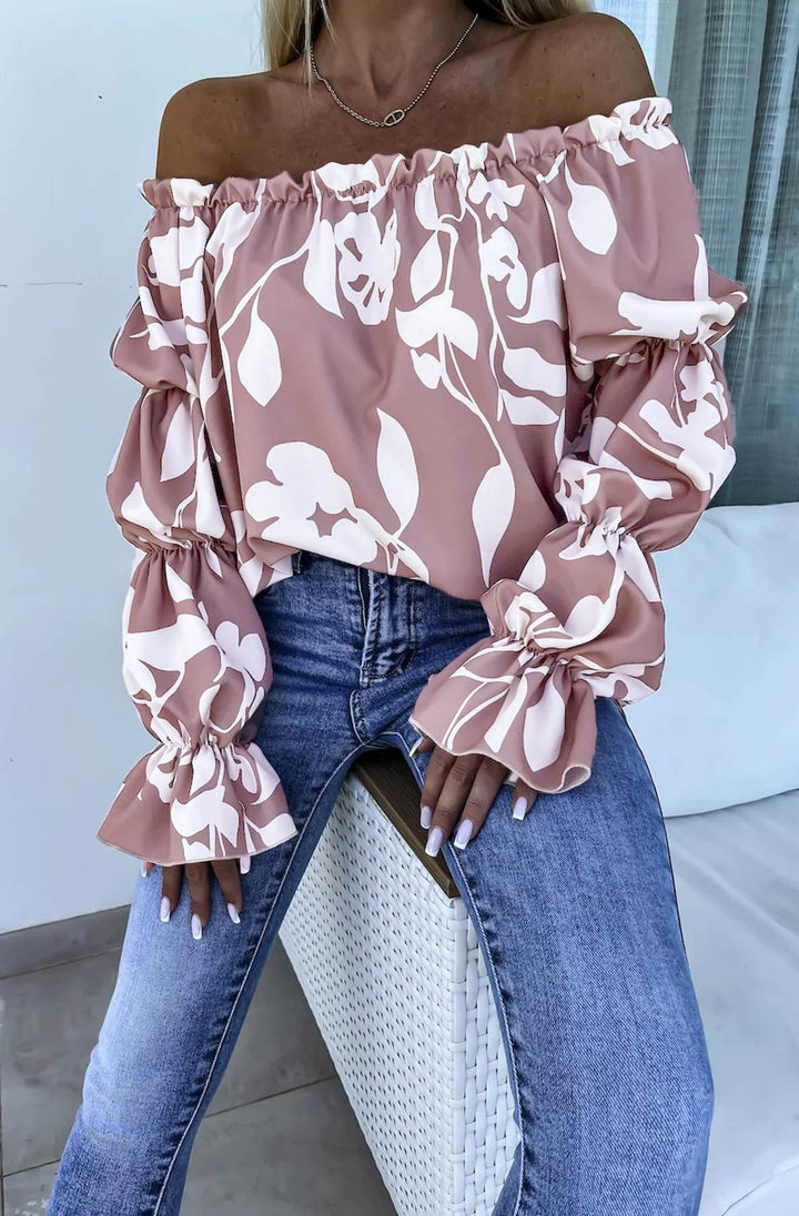 Jasmine Bardot Abstract Floral Patterned Shirt Blouse Top-Mauve