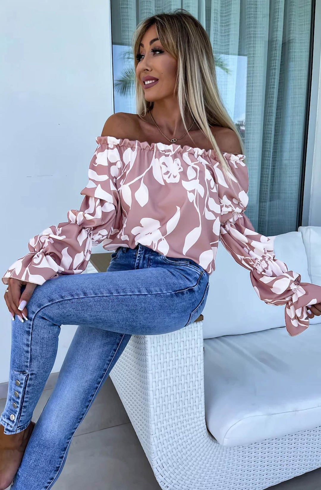 Jasmine Bardot Abstract Floral Patterned Shirt Blouse Top-Mauve