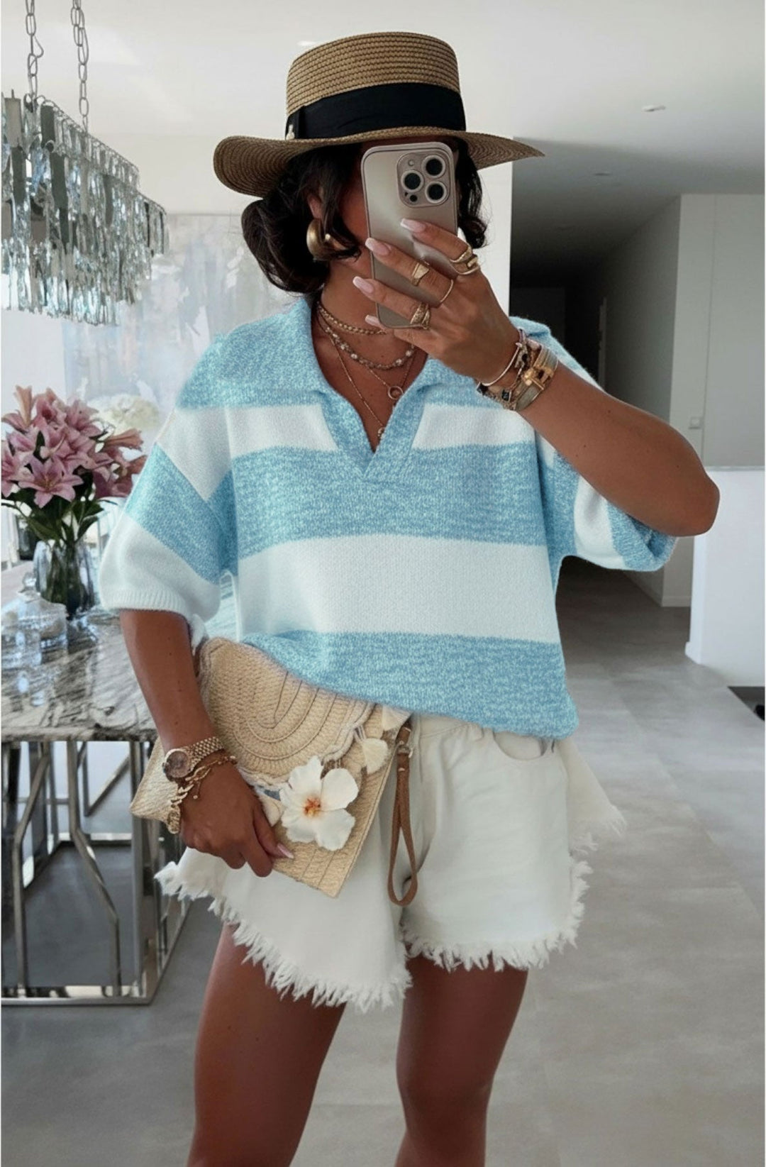 Jemma Melange Striped Polo Collar Lightweight Knit Top-Blue