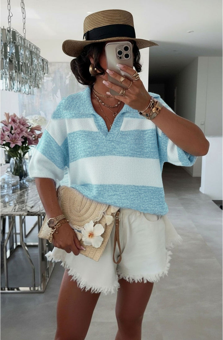 Jemma Melange Striped Polo Collar Lightweight Knit Top-Blue
