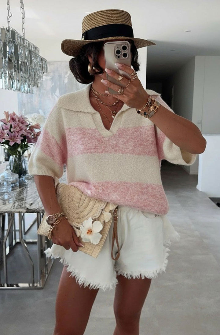 Jemma Melange Striped Polo Collar Lightweight Knit Top-Pink