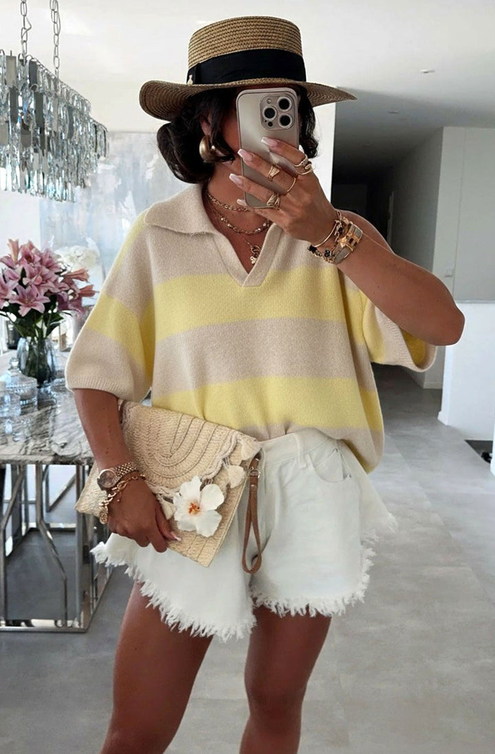 Jemma Striped Polo Collar Lightweight Knit Top-Yellow