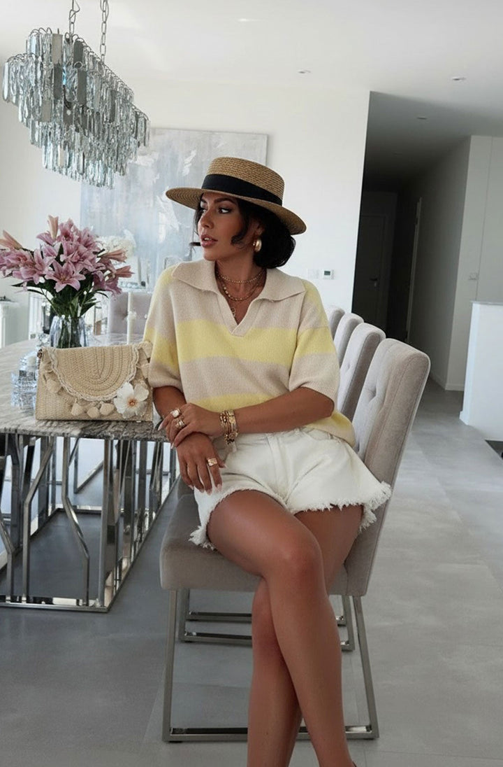 Jemma Striped Polo Collar Lightweight Knit Top-Yellow