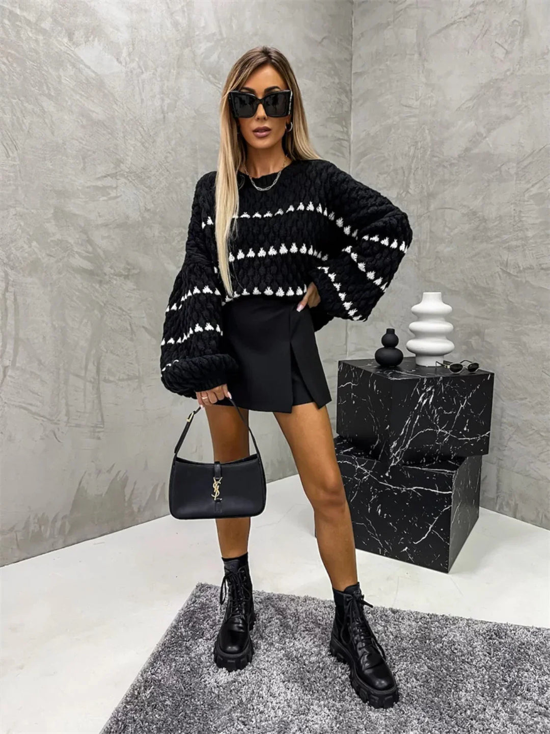 Jodie Patterned Knitted Jumper Sweater Top-Black