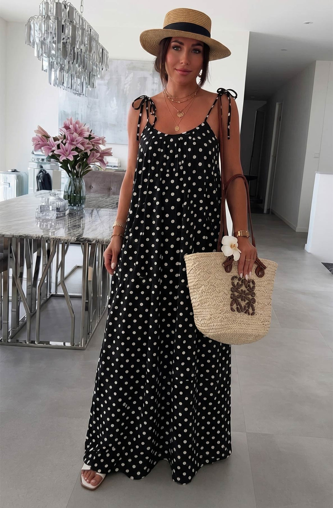 Josette Polka Dot Pocket Tie-Up Strap Cotton Gauze Style Maxi Dress-Black