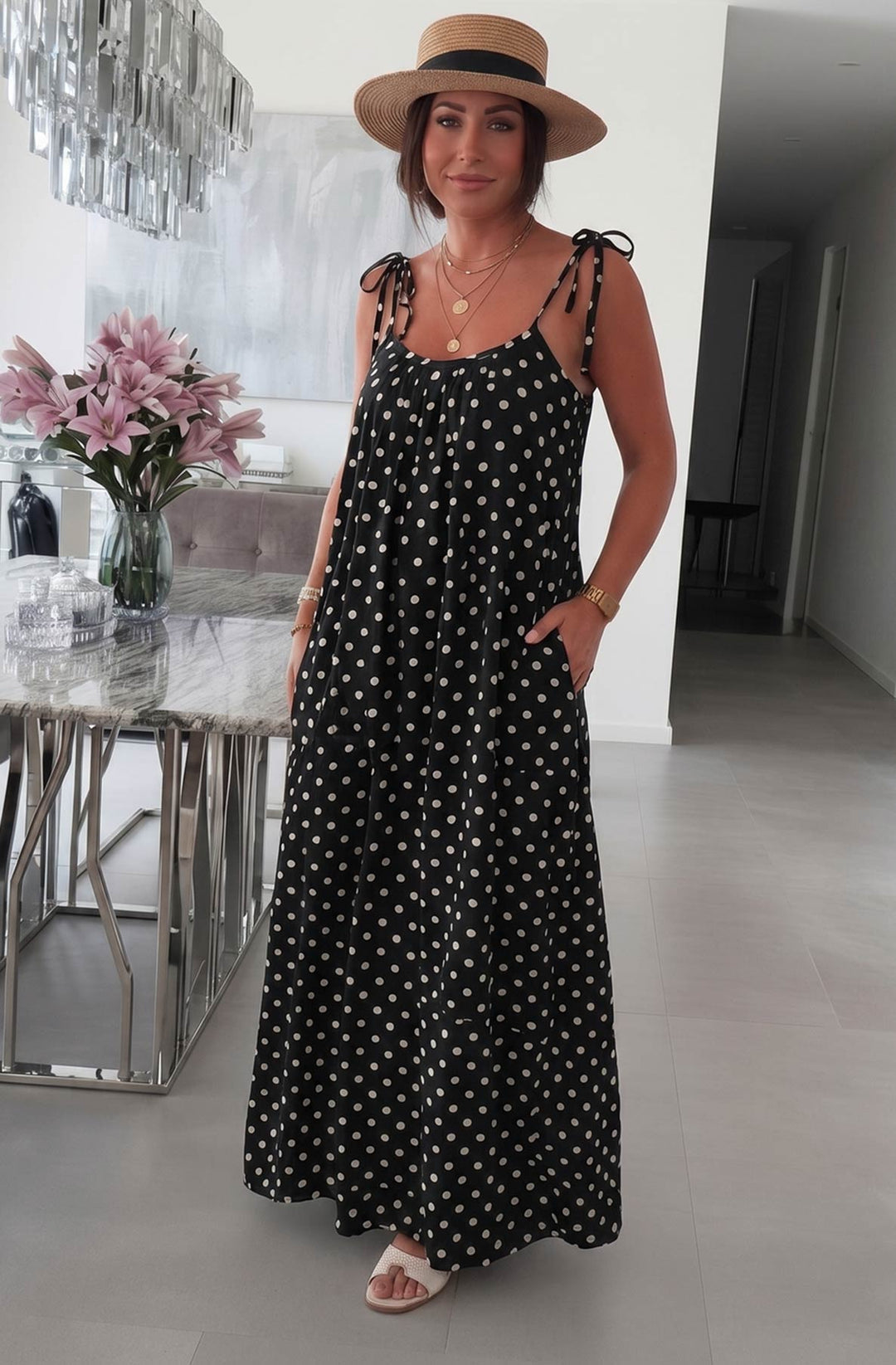 Josette Polka Dot Pocket Tie-Up Strap Cotton Gauze Style Maxi Dress-Black