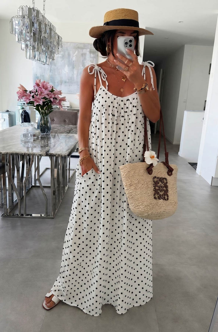 Josette Polka Dot Pocket Tie-Up Strap Cotton Gauze Style Maxi Dress-Ivory