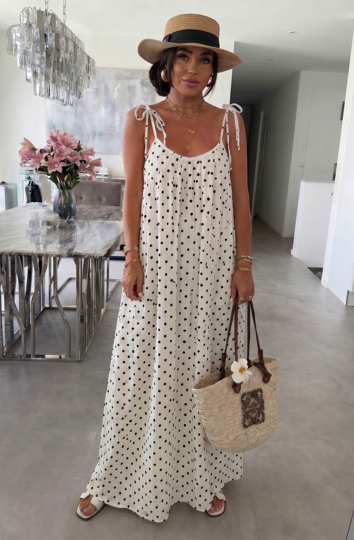 Josette Polka Dot Pocket Tie-Up Strap Cotton Gauze Style Maxi Dress-Ivory