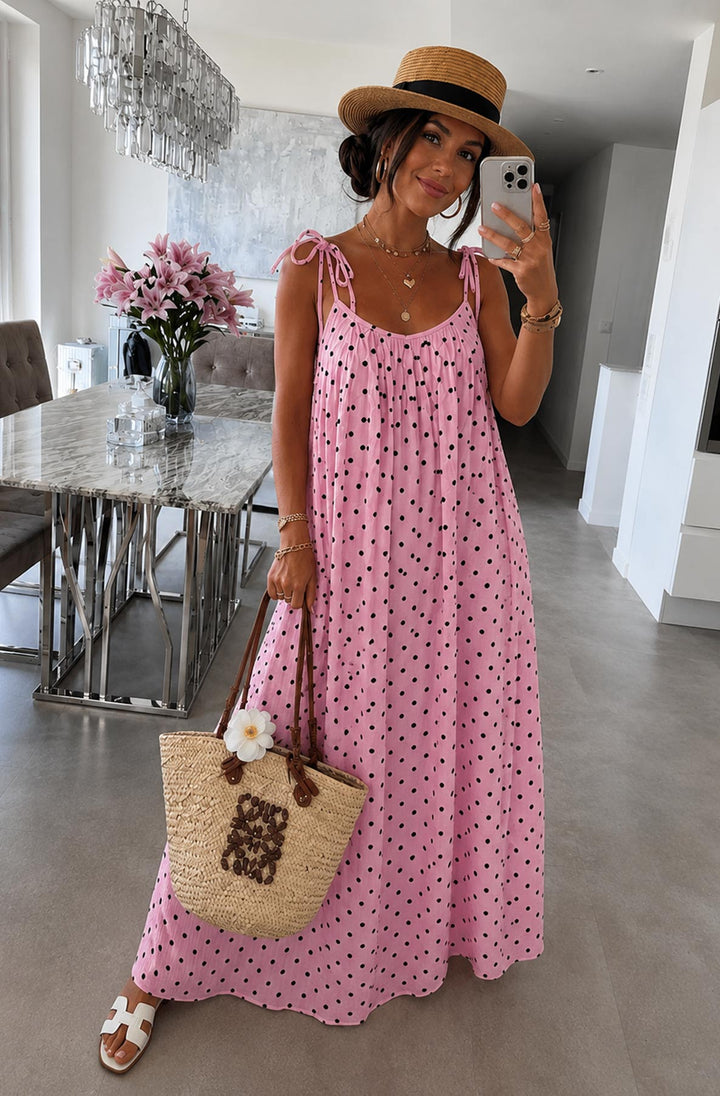Josette Polka Dot Pocket Tie-Up Strap Cotton Gauze Style Maxi Dress-Pink
