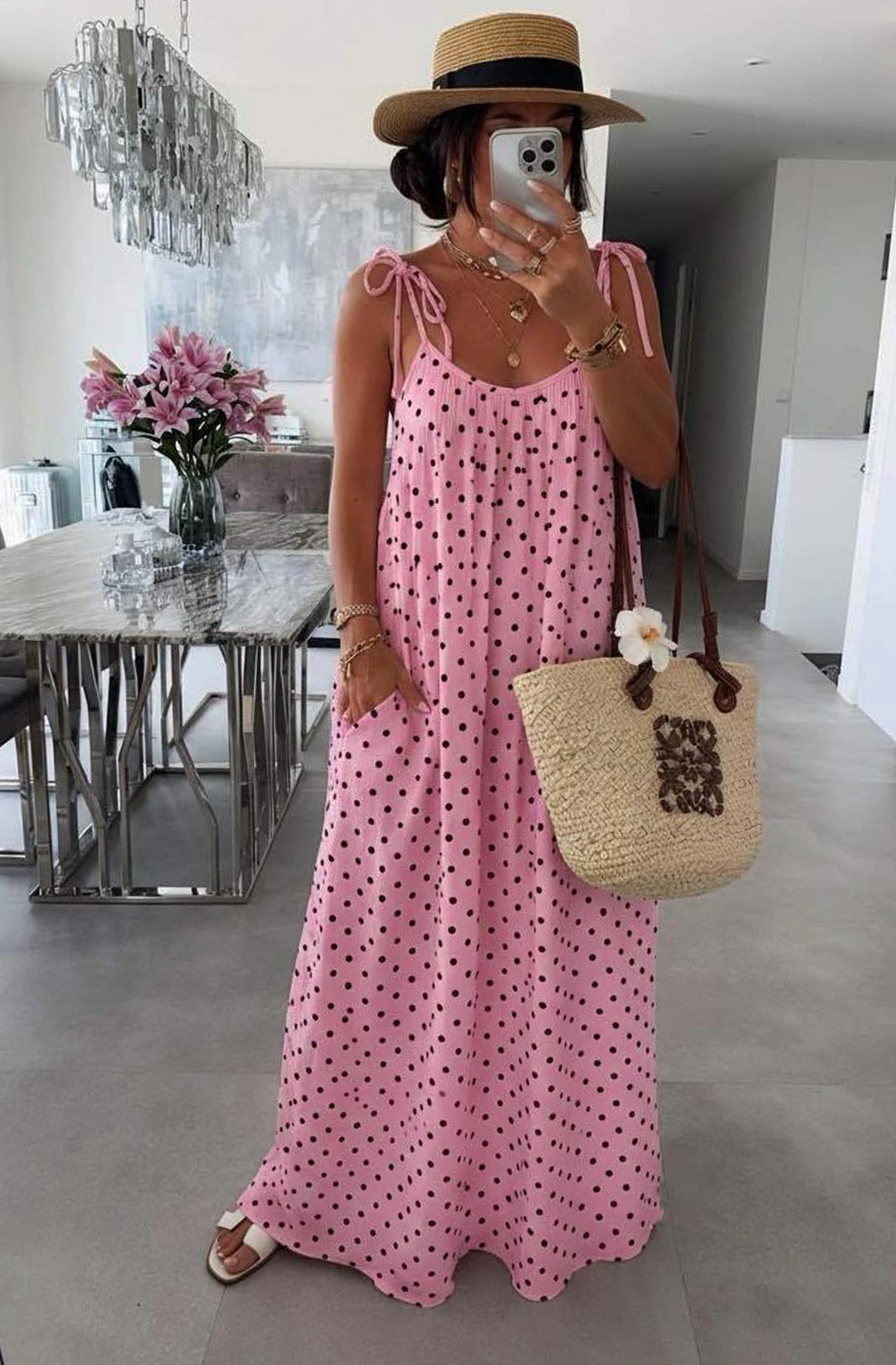 Josette Polka Dot Pocket Tie-Up Strap Cotton Gauze Style Maxi Dress-Pink