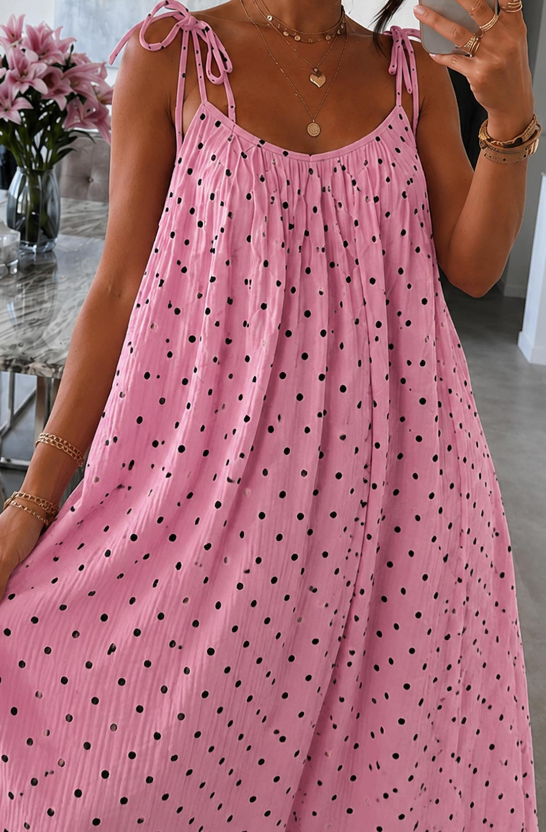 Josette Polka Dot Pocket Tie-Up Strap Cotton Gauze Style Maxi Dress-Pink