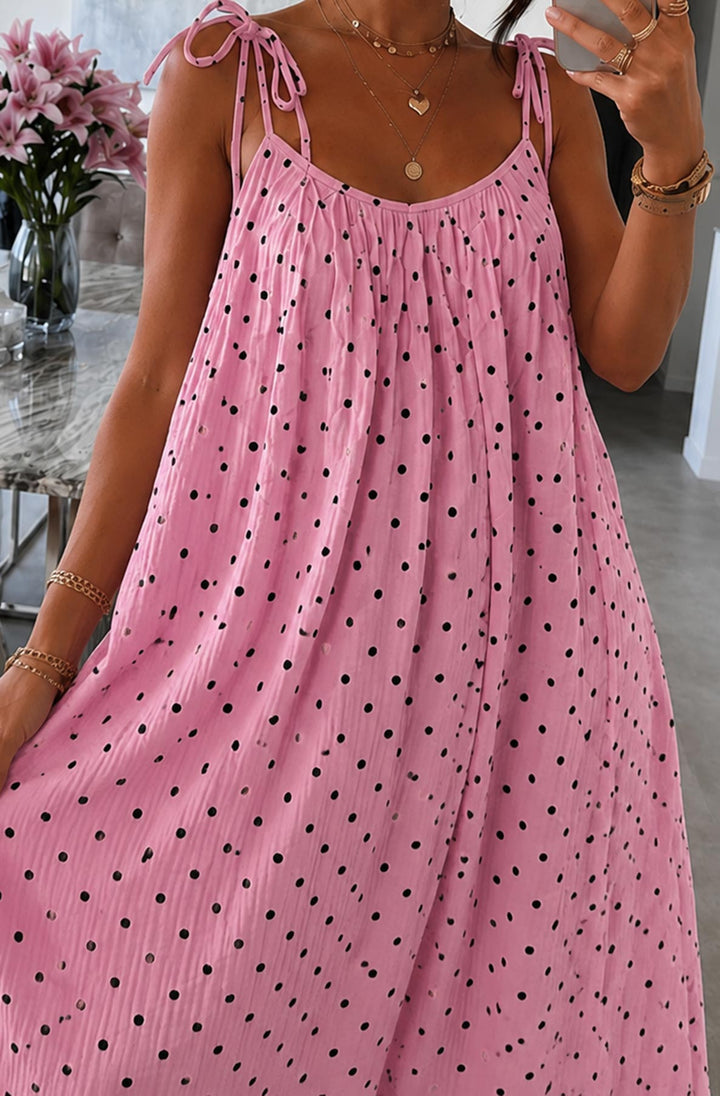 Josette Polka Dot Pocket Tie-Up Strap Cotton Gauze Style Maxi Dress-Pink