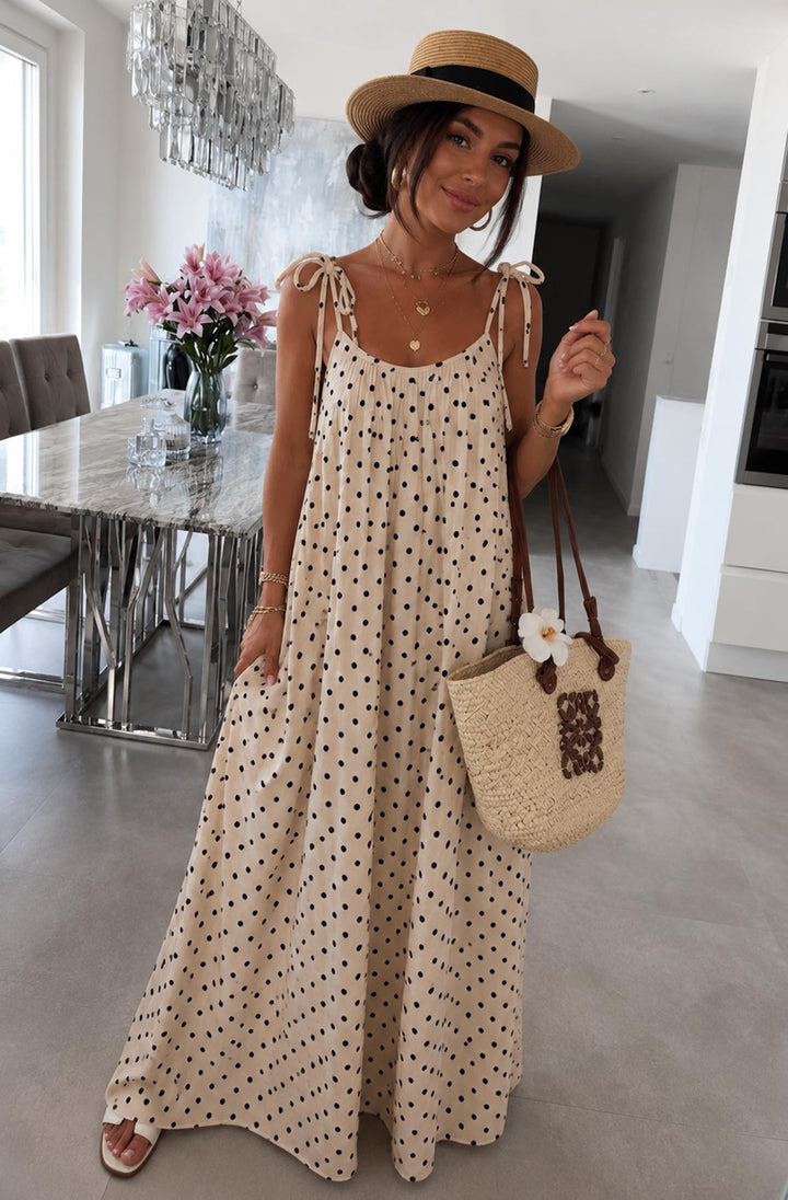 Josette Polka Dot Pocket Tie-Up Strap Cotton Gauze Style Maxi Dress-Stone