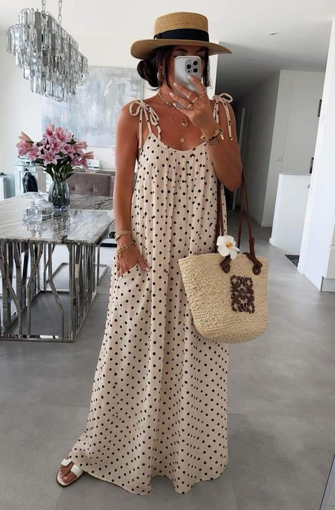 Josette Polka Dot Pocket Tie-Up Strap Cotton Gauze Style Maxi Dress-Stone