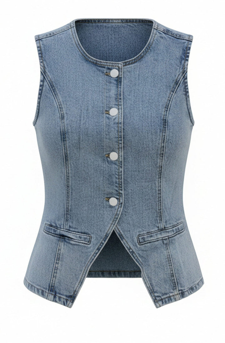 Julia Tailored Denim Sleeveless Button Front Waistcoat Vest-Blue