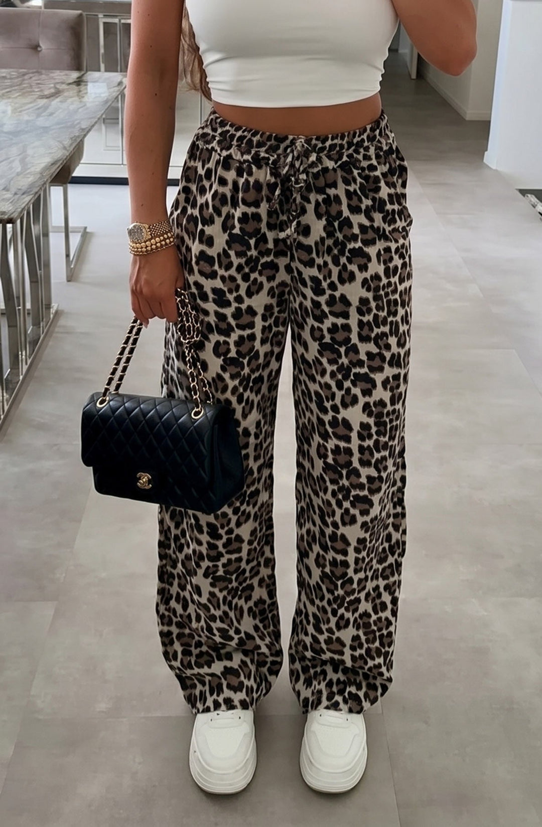 Julie Leopard Animal Cotton Gauze Style Pocket Trousers-Brown