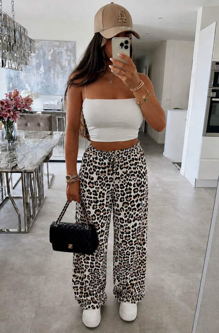 Julie Leopard Animal Cotton Gauze Style Pocket Trousers-Stone