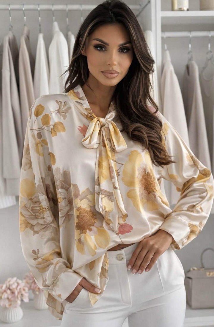Kaira Satin Floral Batwing Tie-Neck Blouse Top-Yellow