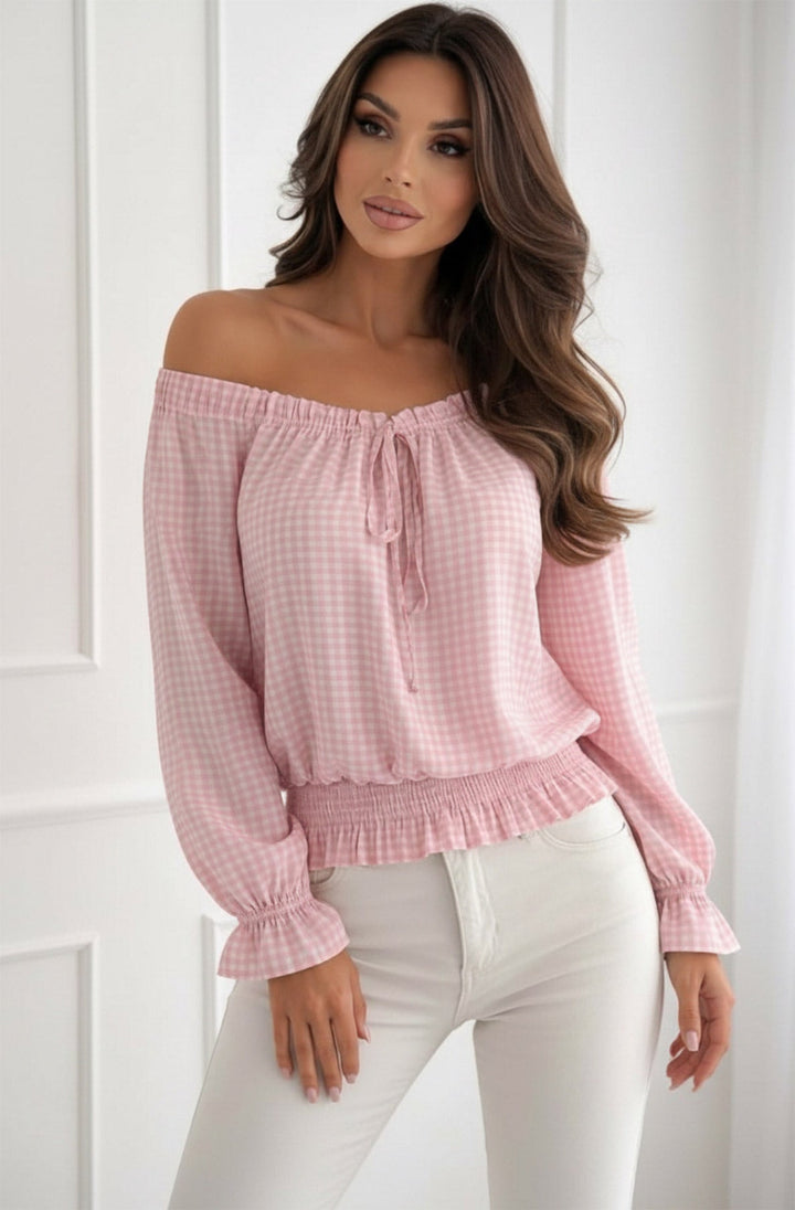 Kathani Gingham Check Bardot Frill Shirred Waist Blouse Top-Pink