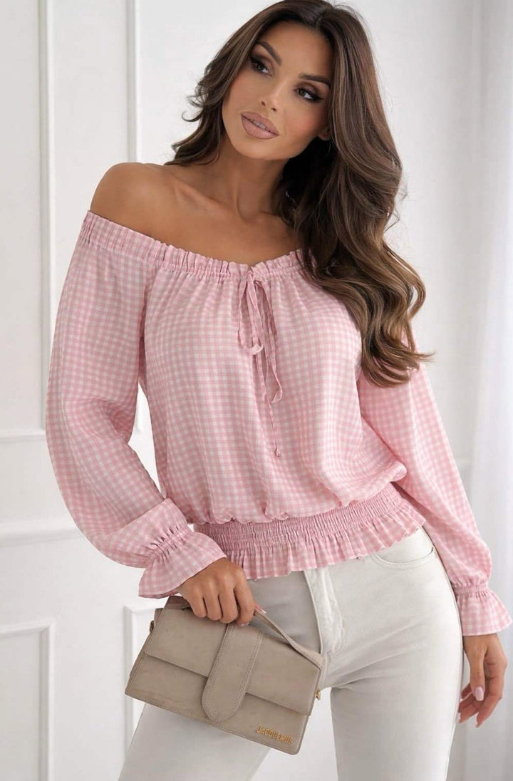 Kathani Gingham Check Bardot Frill Shirred Waist Blouse Top-Pink