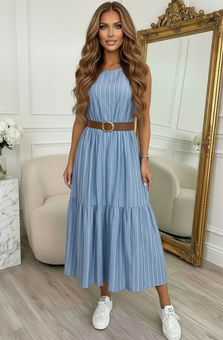 Kate Stripe Sleeveless Belted Tiered Midaxi Dress-Light Blue