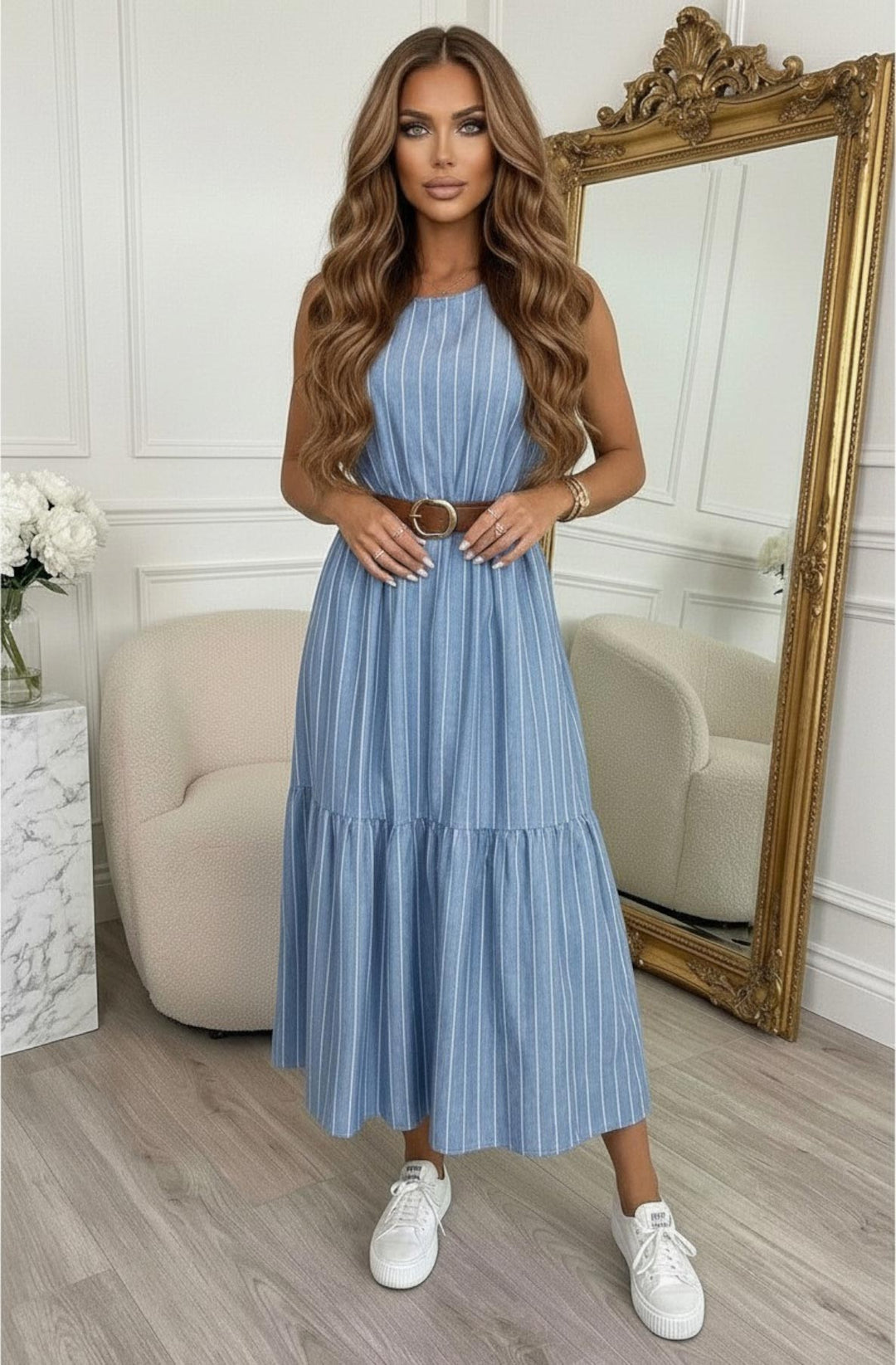 Kate Stripe Sleeveless Belted Tiered Midaxi Dress-Light Blue