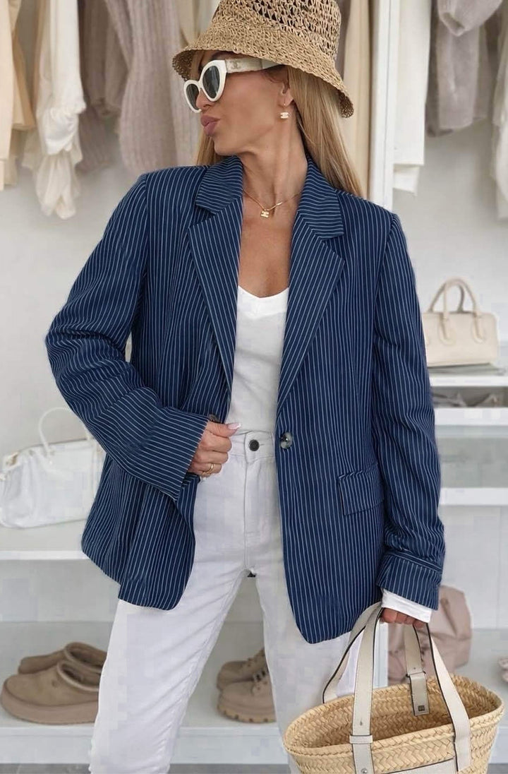 Kaylie Lightweight Pinstripe Oversized Blazer-Navy