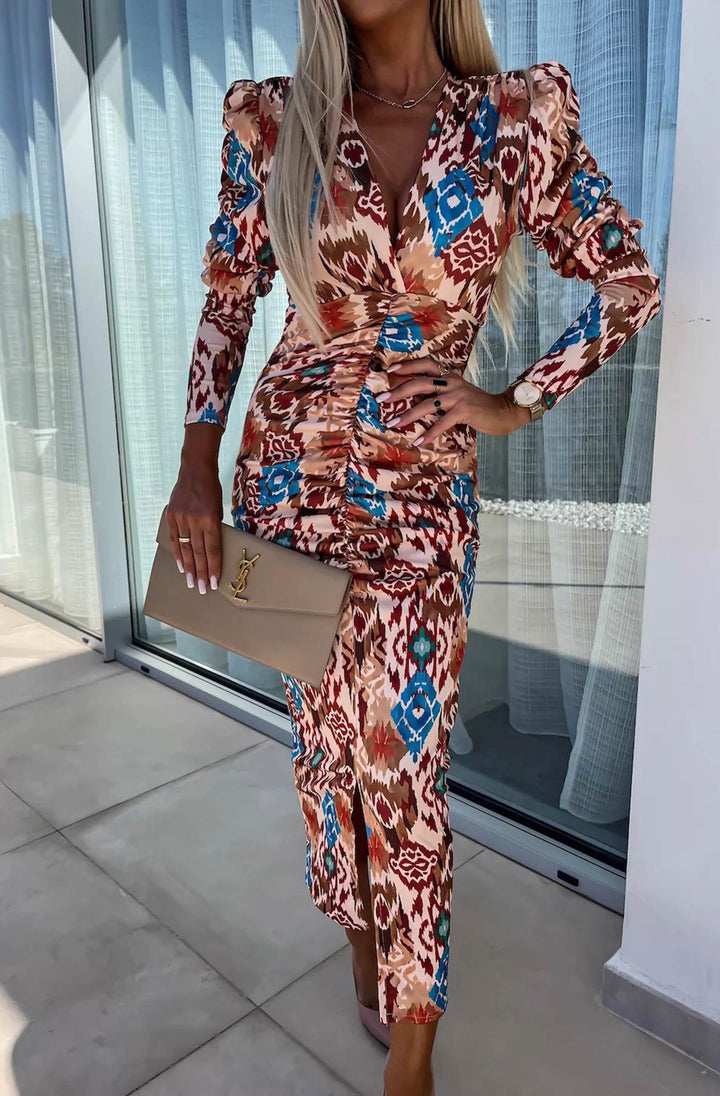 Lucy Abstract Print Bodycon Ruched Midaxi Dress
