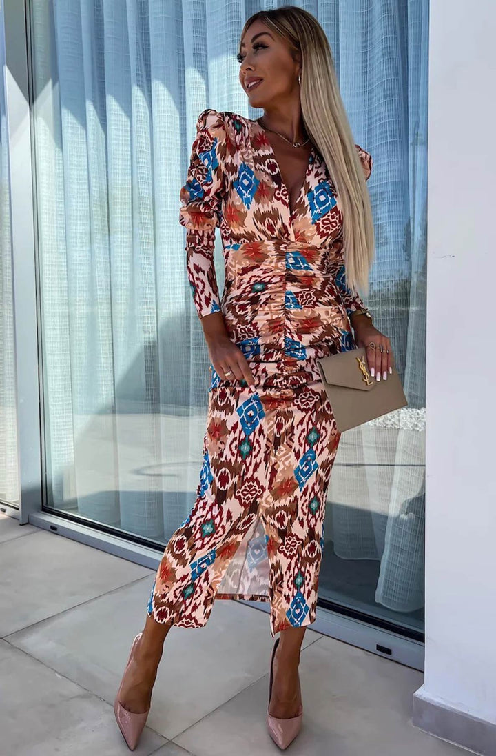 Lucy Abstract Print Bodycon Ruched Midaxi Dress