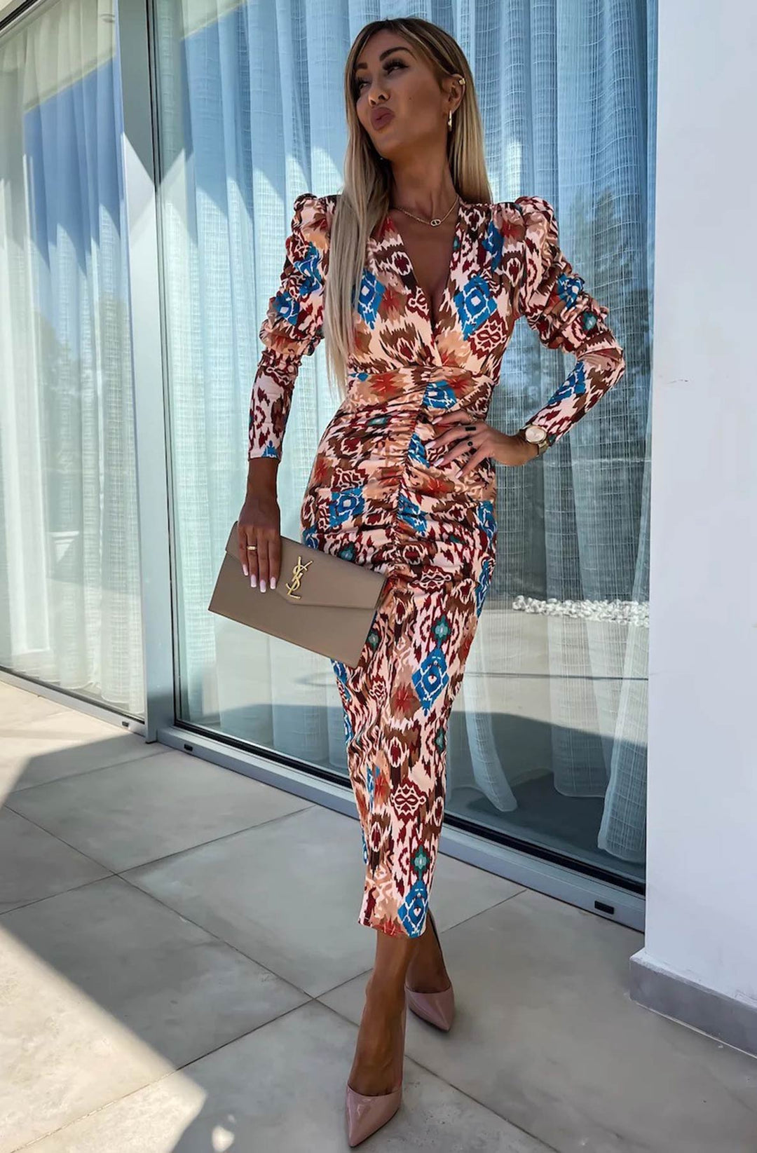Lucy Abstract Print Bodycon Ruched Midaxi Dress