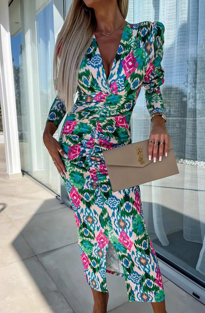 Lucy Abstract Print Bodycon Ruched Midaxi Dress