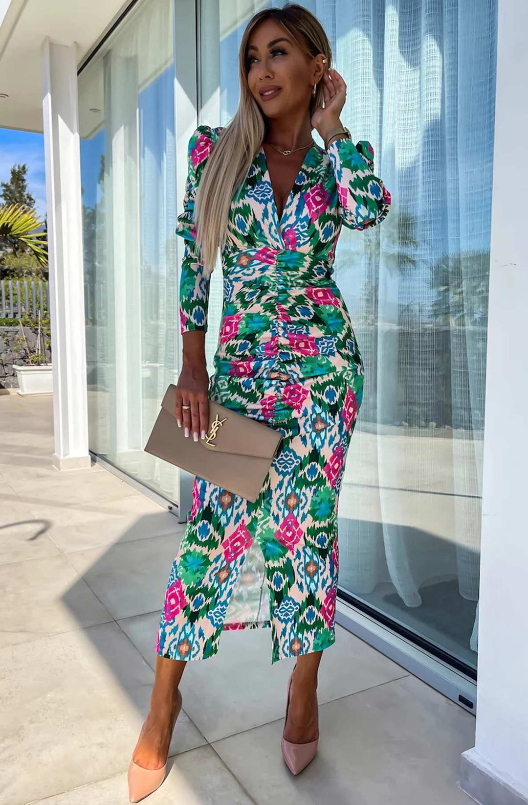 Lucy Abstract Print Bodycon Ruched Midaxi Dress